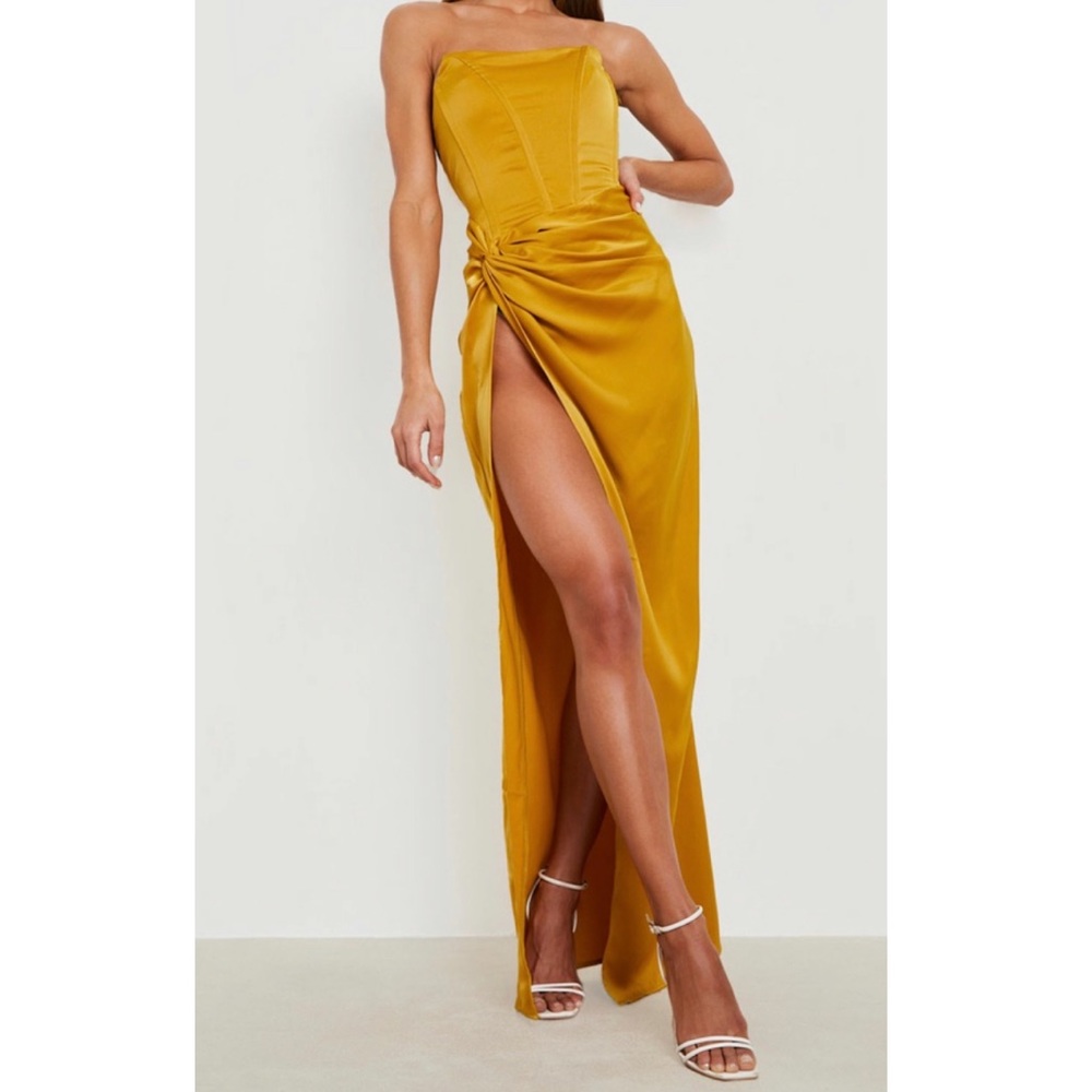 Chartreuse Satin Corset Detail Wrap Maxi Dress